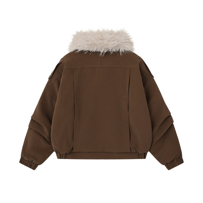 Veste de travail rétro en cuir PU et coton avec col en fourrure