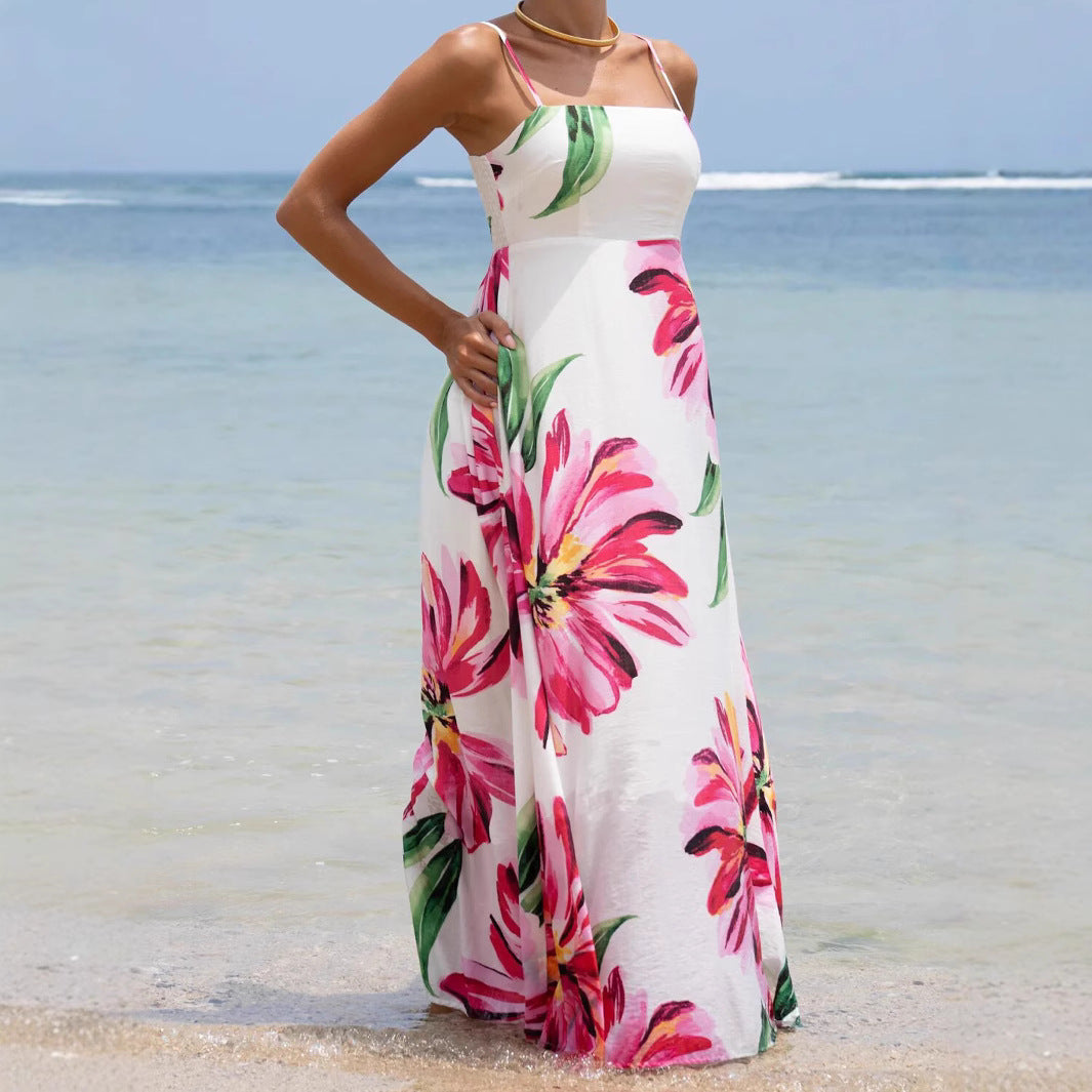 Robe Longue Florale Bohème À Bretelles avec Poches – Rose