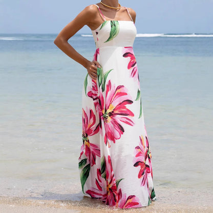 Robe Longue Florale Bohème À Bretelles avec Poches – Rose