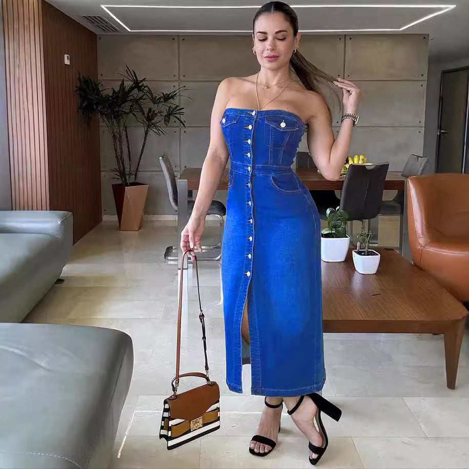 Robe en Jean Sans Bretelles – Effet 3D, Bouton Unique, Fente, Bleu Royal