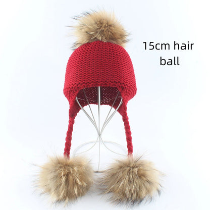 Children's real raccoon dog hair ball ear protection hat scarf hand Fried Dough Twists braid