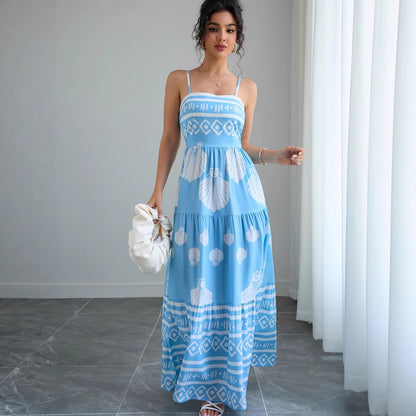 Robe Longue Ethnique Col Carré Sans Manches – Bleu Ciel