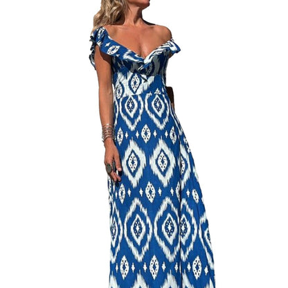 Robe Longue Col V Manches Courtes À Volants – Jupe Évasée Bleue