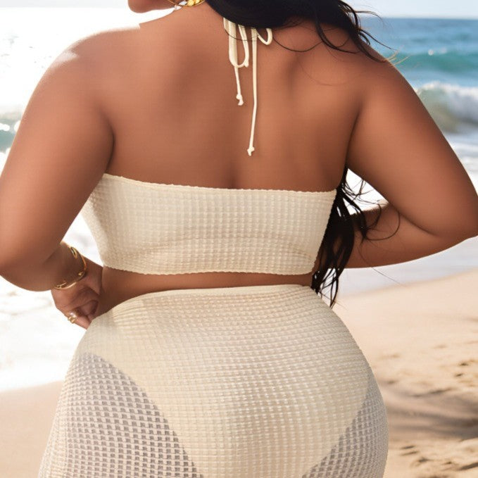 Ensemble 3 pièces bikini sexy col croisé avec jupe de plage