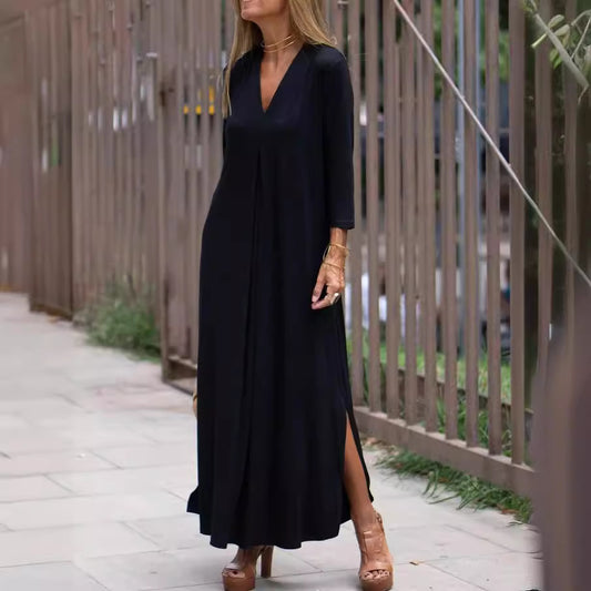 Robe Longue Fendue Col V – Manches Trois-Quarts