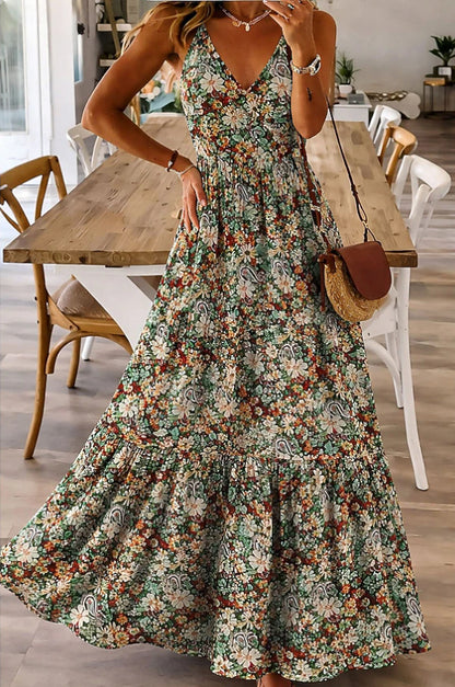 Robe Longue Fleurie à Bretelles – Style Sexy & Romantique, Multicolore