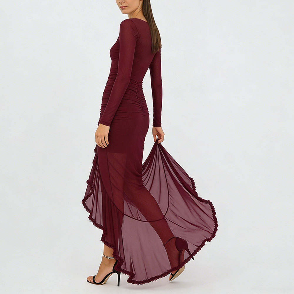 Robe longue femme col V à volants et jupe transparente