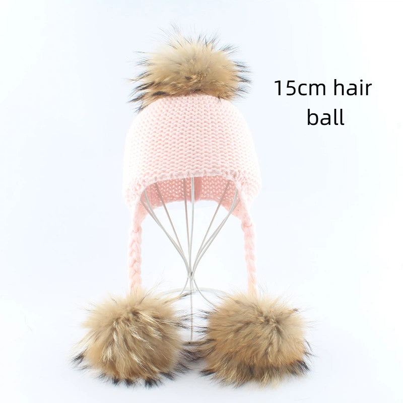 Children's real raccoon dog hair ball ear protection hat scarf hand Fried Dough Twists braid