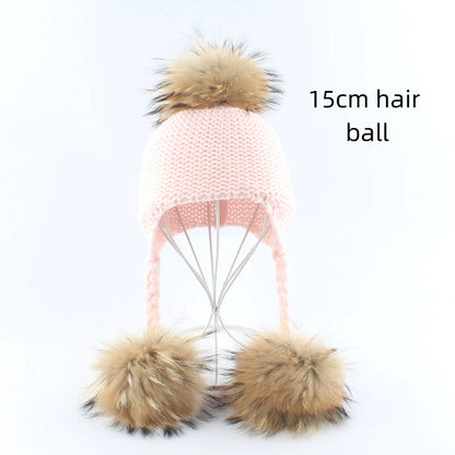 Children's real raccoon dog hair ball ear protection hat scarf hand Fried Dough Twists braid