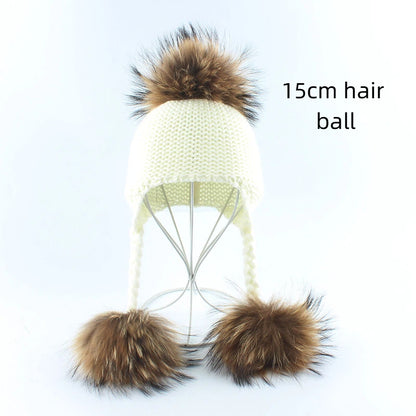 Children's real raccoon dog hair ball ear protection hat scarf hand Fried Dough Twists braid