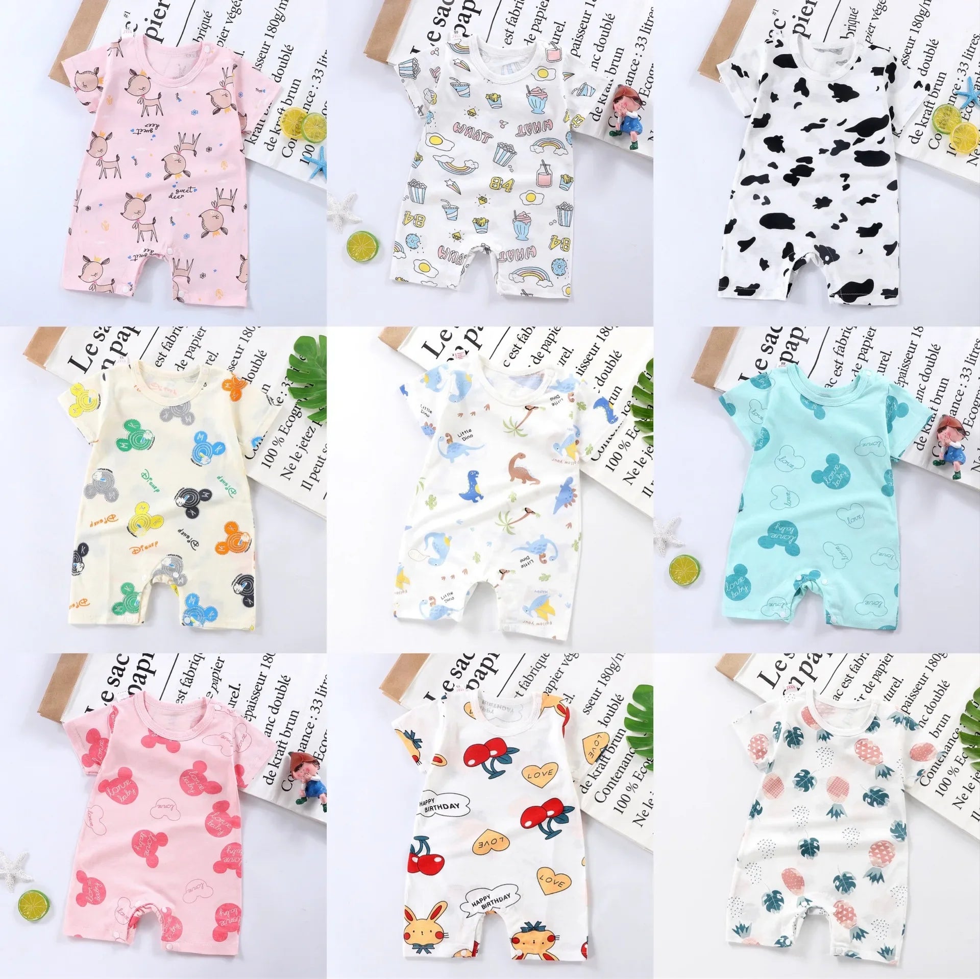 Grenouillère en coton à manches courtes pour nouveau-né, motif dessin animé