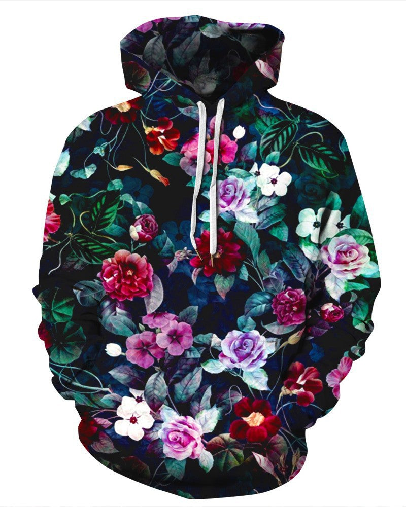 Sweat à Capuche Imprimé Roses – Style Européen & Américain, Coupe Oversize Unisexe
