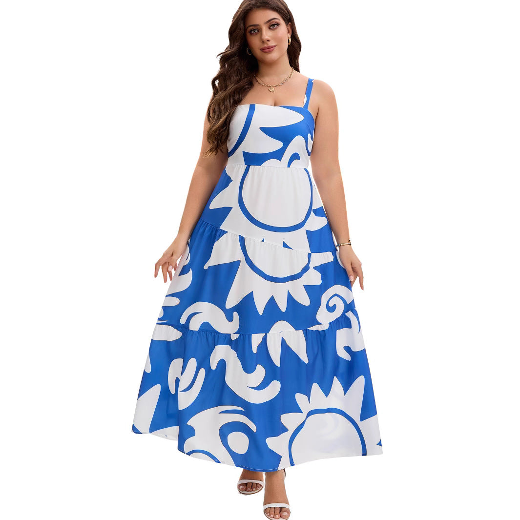 Robe Longue Grande Taille À Bretelles Imprimé Géométrique – Bleue