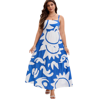 Robe Longue Grande Taille À Bretelles Imprimé Géométrique – Bleue