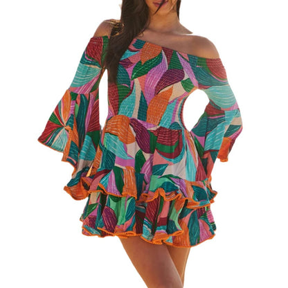 Mini Robe Épaule Dénudée Manches Évasées à Volants – Imprimé Orange