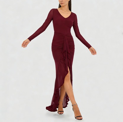 Robe longue femme col V à volants et jupe transparente