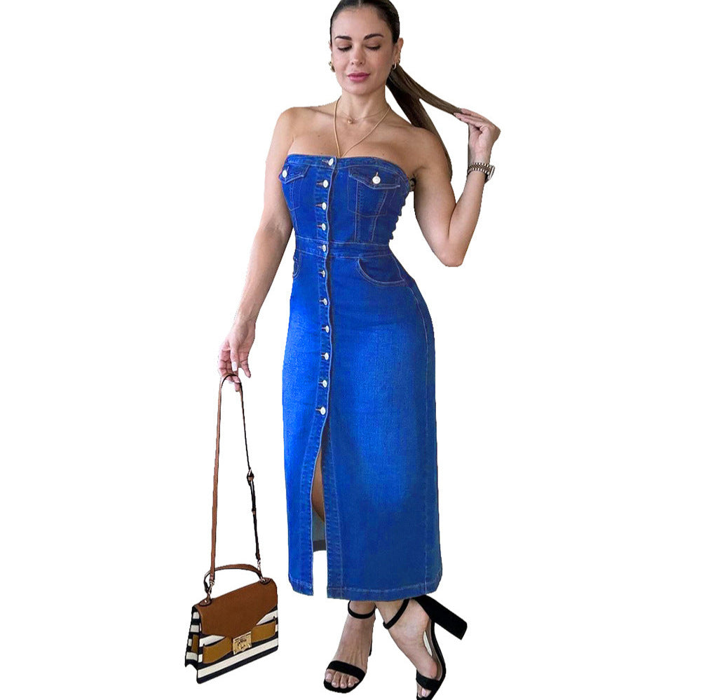 Robe en Jean Sans Bretelles – Effet 3D, Bouton Unique, Fente, Bleu Royal