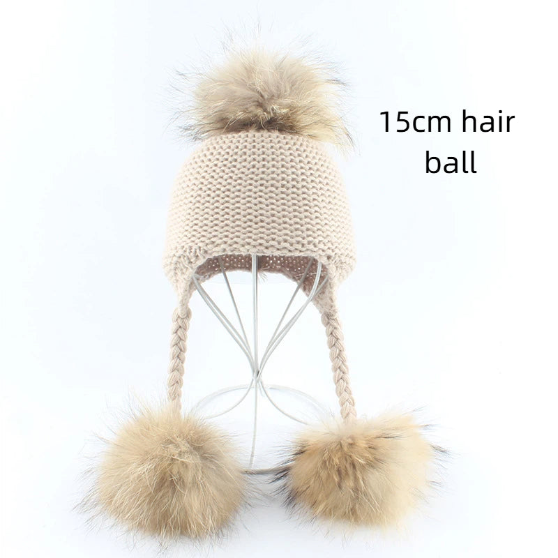 Children's real raccoon dog hair ball ear protection hat scarf hand Fried Dough Twists braid