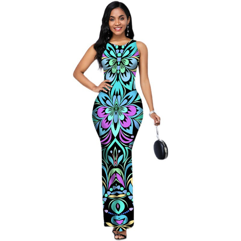 Robe Longue Sans Manches Col Rond – Fente Latérale, Coupe Trapèze, Multicolore