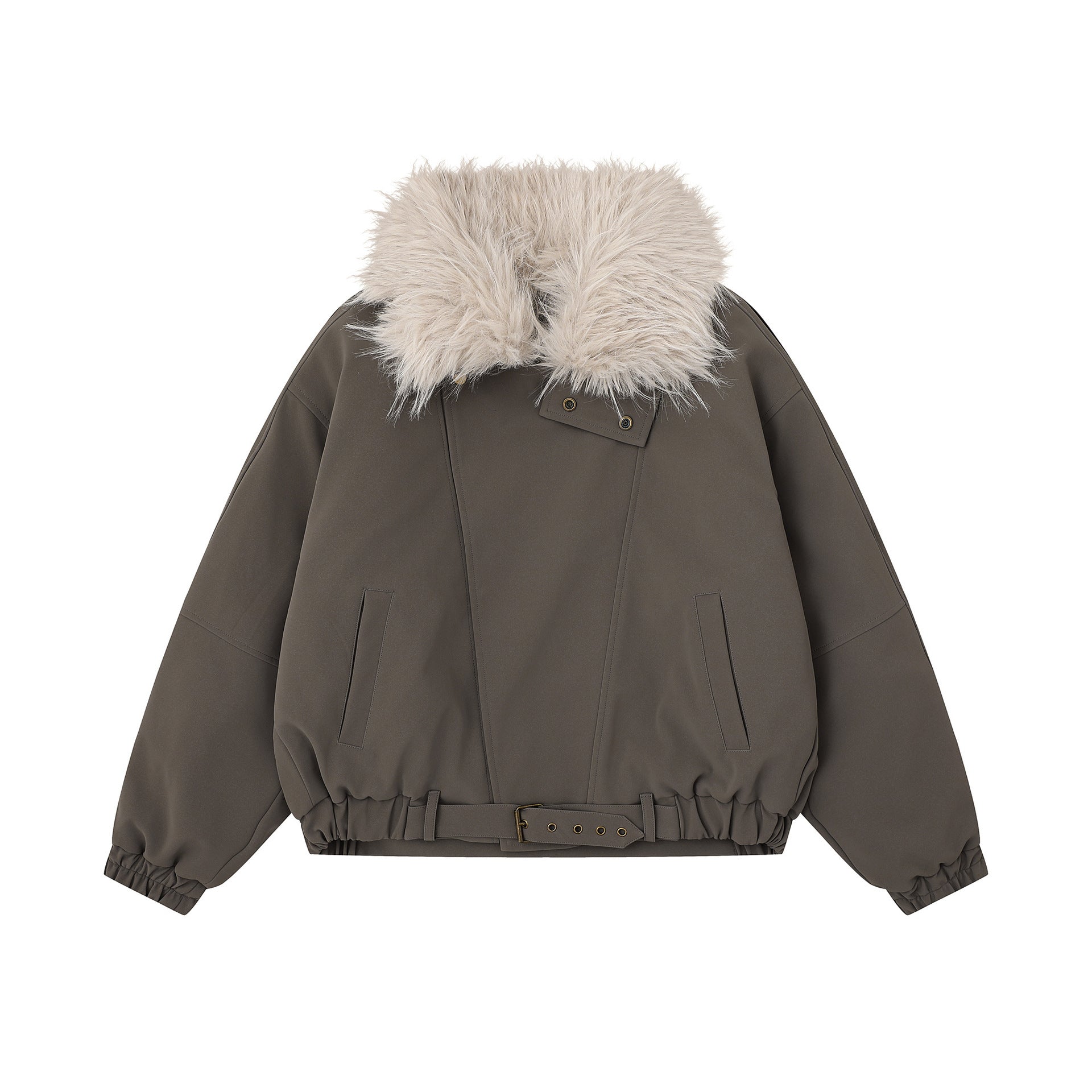 Veste de travail rétro en cuir PU et coton avec col en fourrure