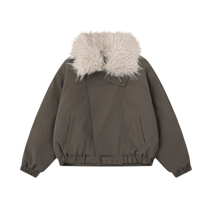 Veste de travail rétro en cuir PU et coton avec col en fourrure