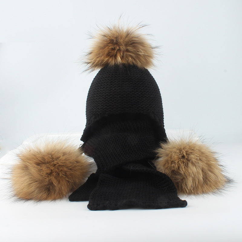 Children's real raccoon dog hair ball ear protection hat scarf hand Fried Dough Twists braid