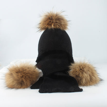 Children's real raccoon dog hair ball ear protection hat scarf hand Fried Dough Twists braid