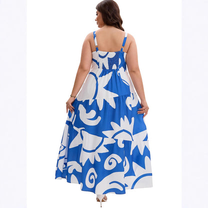 Robe Longue Grande Taille À Bretelles Imprimé Géométrique – Bleue