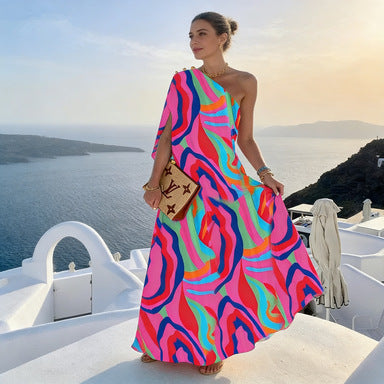 Robe Longue Imprimée Épaules Dénudées – Coupe Ample, Style Européen, Rose