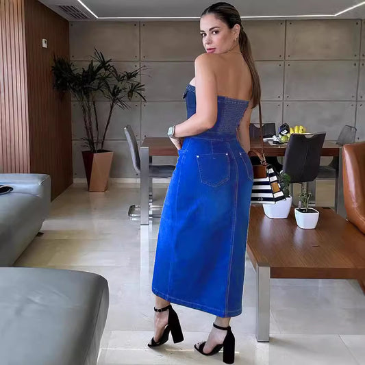 Robe en Jean Sans Bretelles – Effet 3D, Bouton Unique, Fente, Bleu Royal