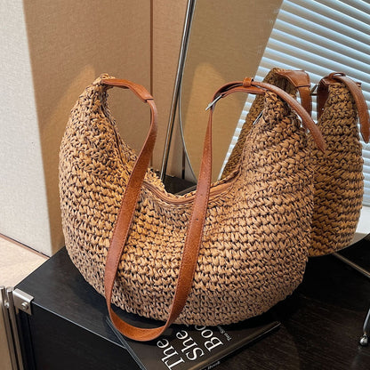 Sac Tressé en Paille Fait Main – Grande Capacité, Style Minimaliste Urbain