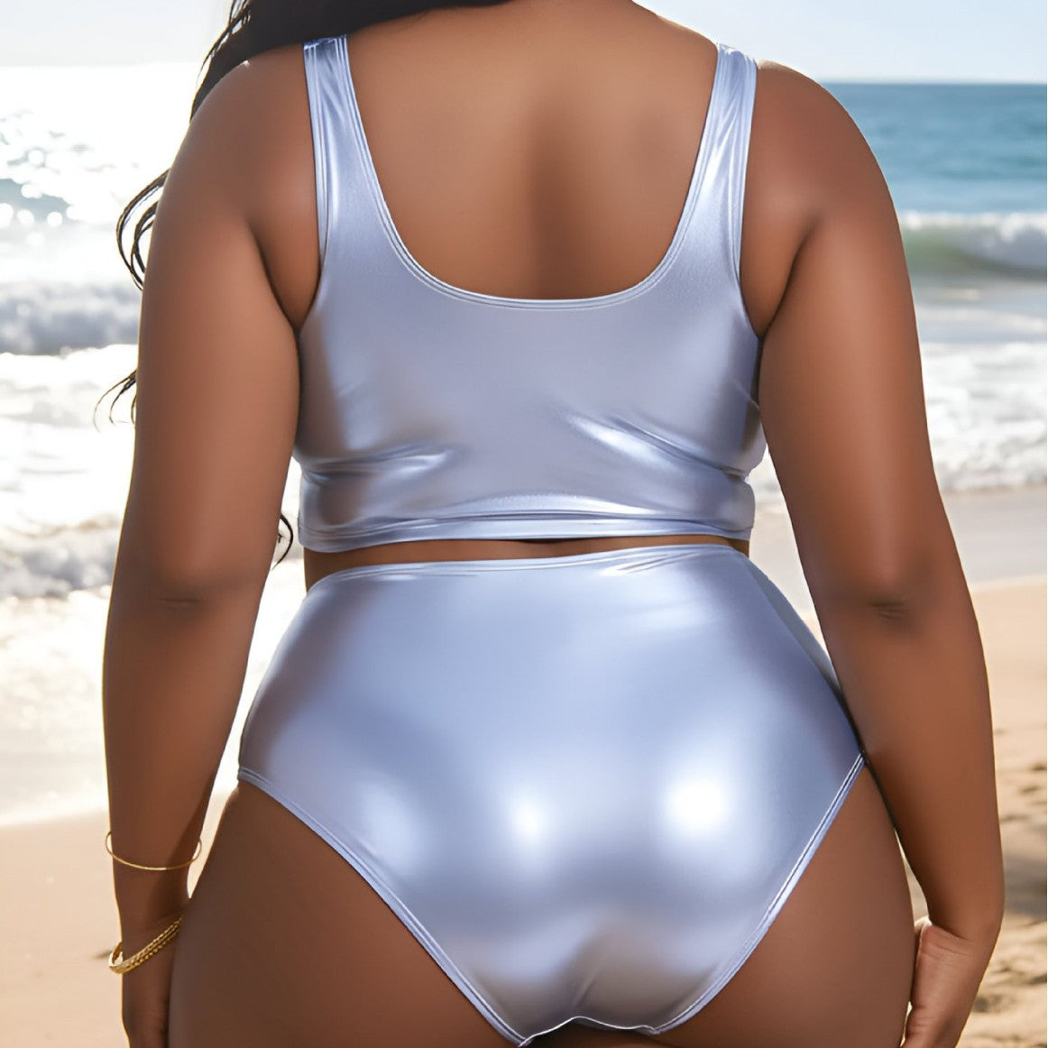 Ensemble bikini style débardeur color block à imprimé métallisé et fente dos