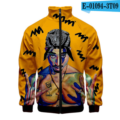 Sweat-shirt 2PAC Imprimé 3D – Col Montant Zippé à Capuche Style Hip-Hop