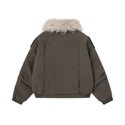 Veste de travail rétro en cuir PU et coton avec col en fourrure