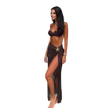 Ensemble Bikini 3 Pièces avec Jupe Fendue – Maillot de Bain Femme Motif Étoile de Mer