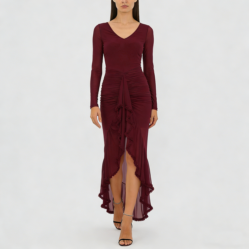Robe longue femme col V à volants et jupe transparente