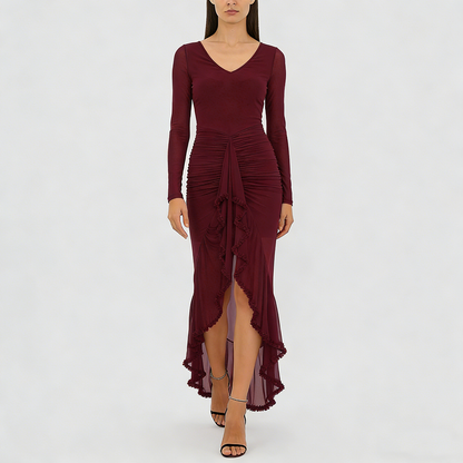 Robe longue femme col V à volants et jupe transparente