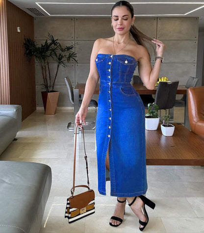 Robe en Jean Sans Bretelles – Effet 3D, Bouton Unique, Fente, Bleu Royal