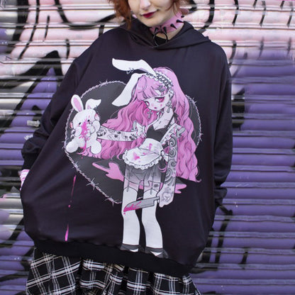 Sweat à Capuche Oversize Femme - Motif Lapin Cartoon Halloween