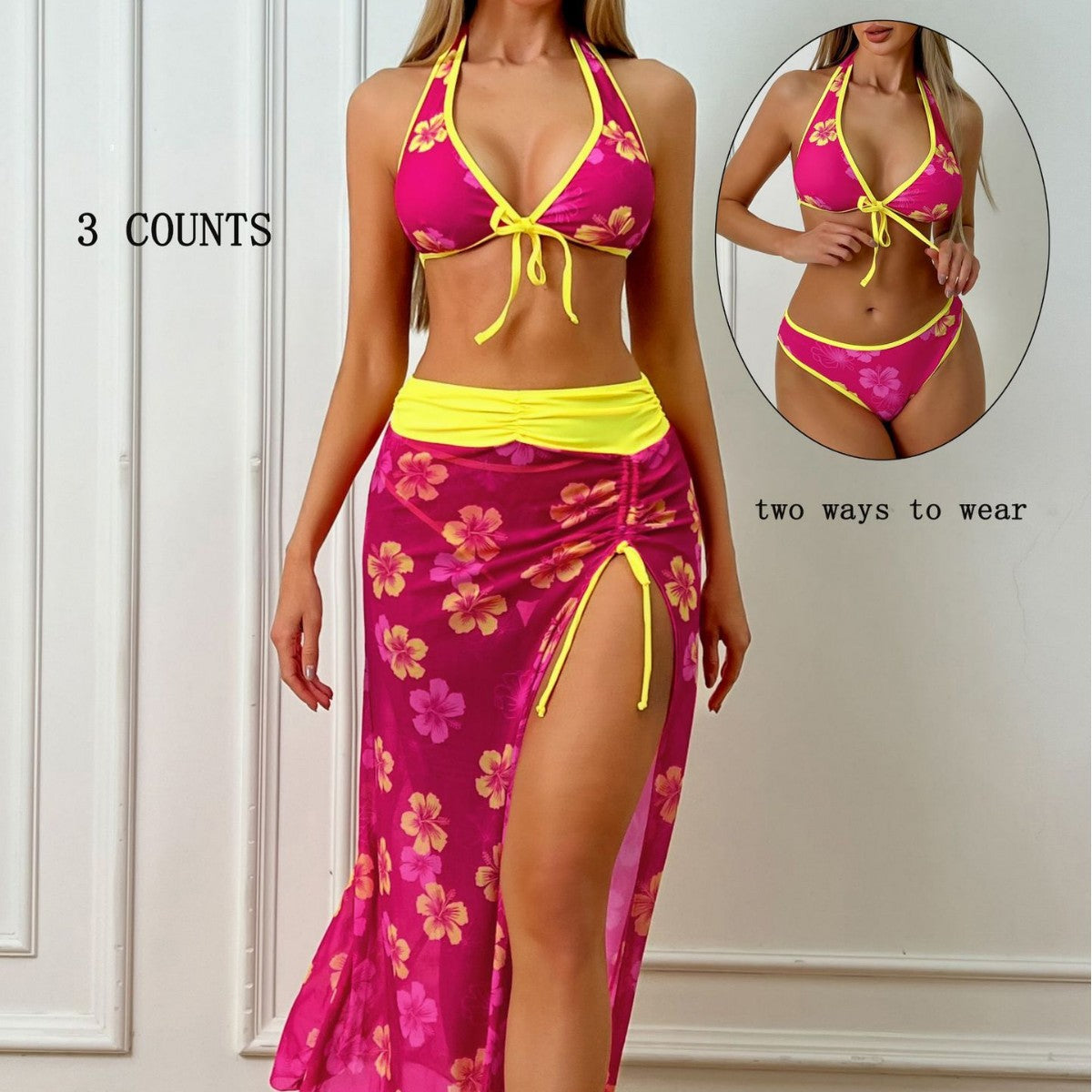 Ensemble bikini 3 pièces floral avec lien au cou, dos nu et jupe de plage