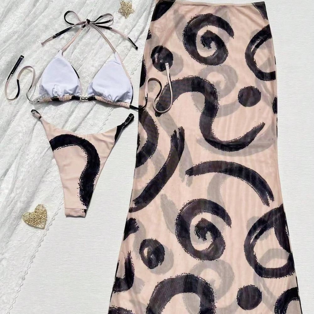 Three piece swimsuit set with cow print for women