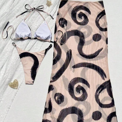 Three piece swimsuit set with cow print for women