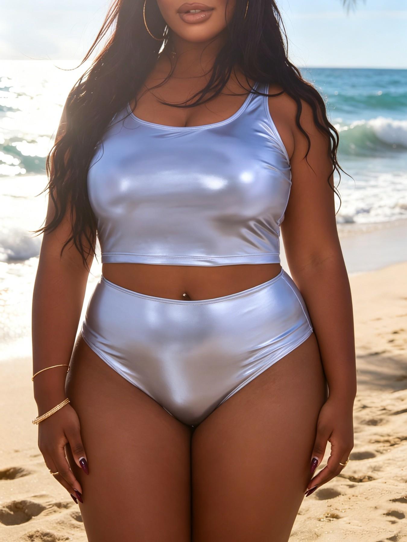 Ensemble bikini style débardeur color block à imprimé métallisé et fente dos