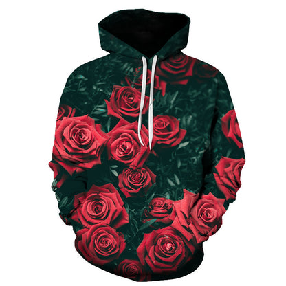 Sweat à Capuche Imprimé Roses – Style Européen & Américain, Coupe Oversize Unisexe