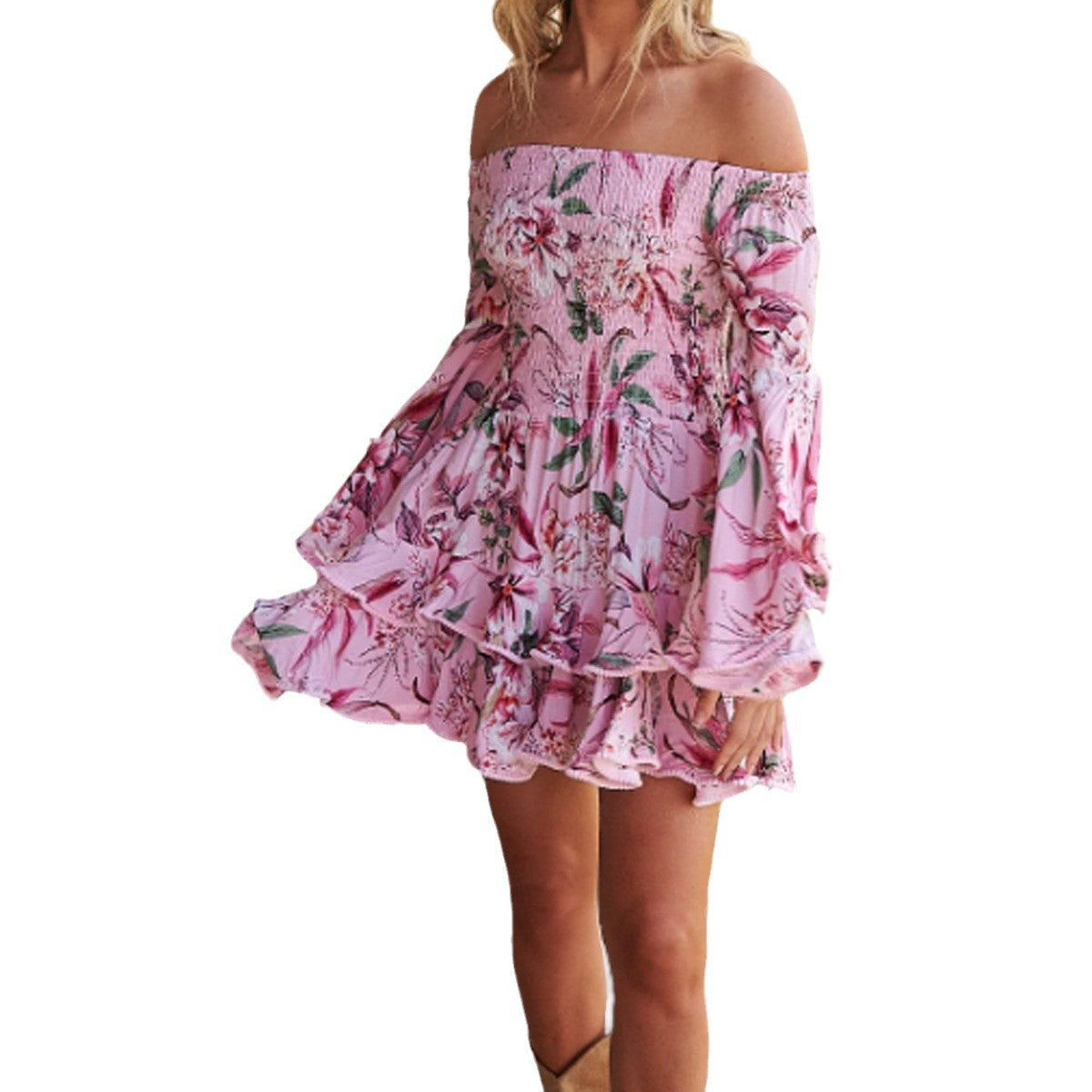 Robe Courte Épaule Dénudée Manches Évasées – Imprimé Floral Rose