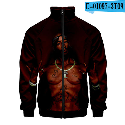 Sweat-shirt 2PAC Imprimé 3D – Col Montant Zippé à Capuche Style Hip-Hop