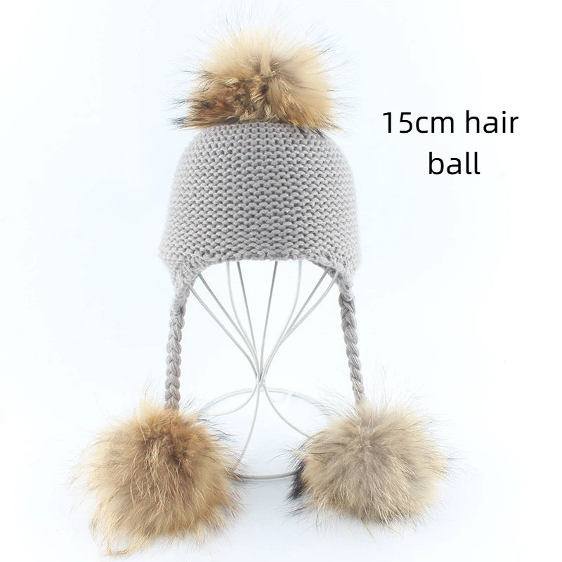 Children's real raccoon dog hair ball ear protection hat scarf hand Fried Dough Twists braid