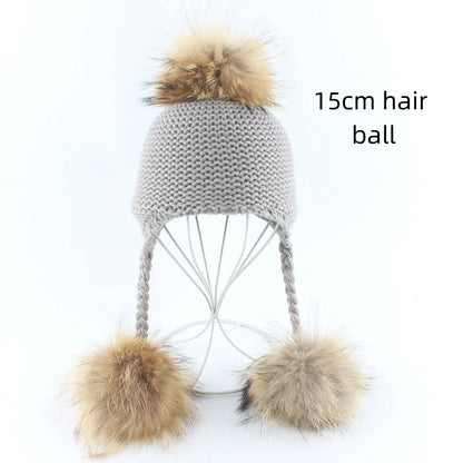 Children's real raccoon dog hair ball ear protection hat scarf hand Fried Dough Twists braid