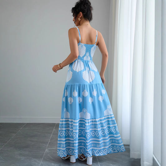 Robe Longue Ethnique Col Carré Sans Manches – Bleu Ciel
