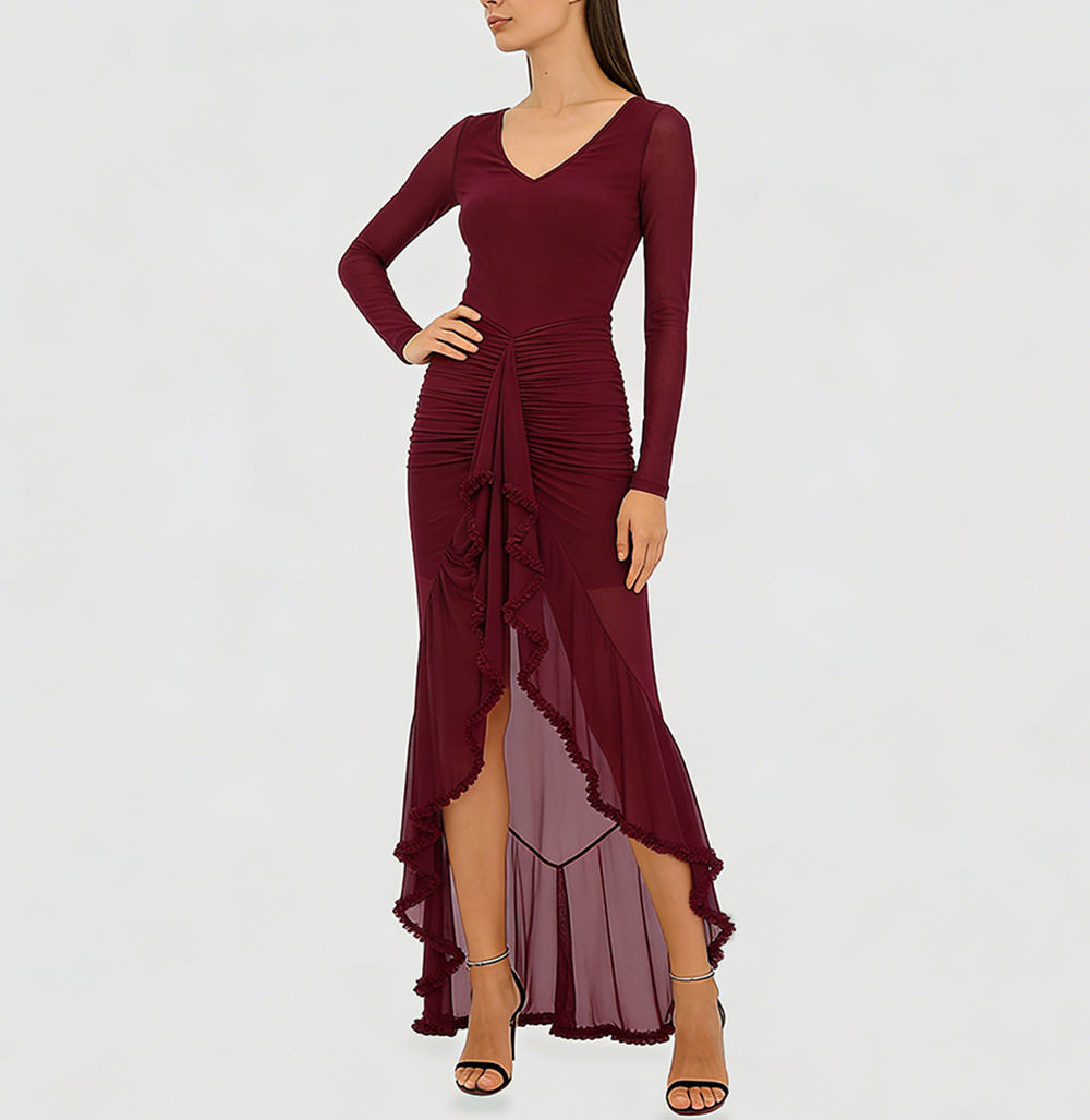 Robe longue femme col V à volants et jupe transparente